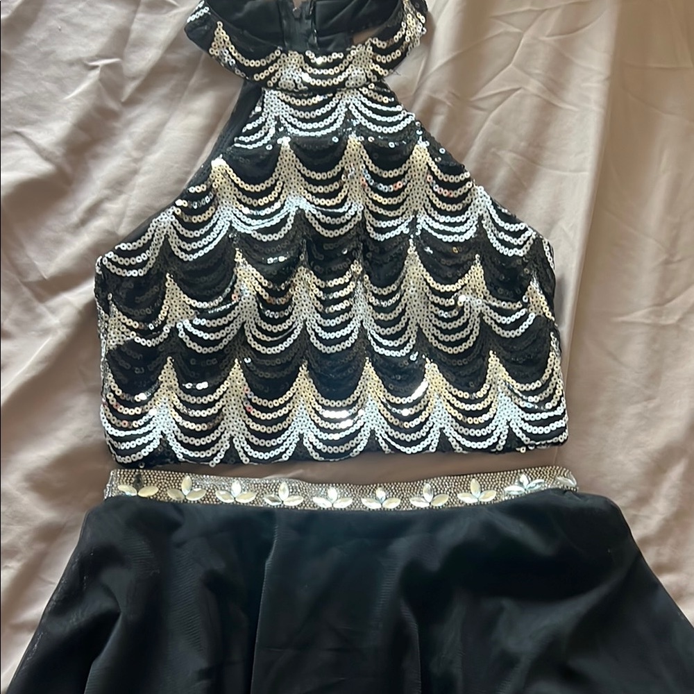 Sequin Halter Mini Dress - Black and Silver